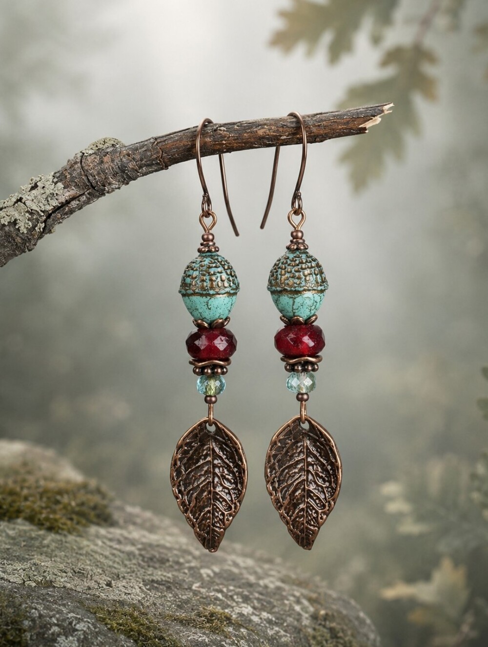 *Turquoise Czech Glass Acorn Earrings Red Glass Copper Leaf Hand Crafted